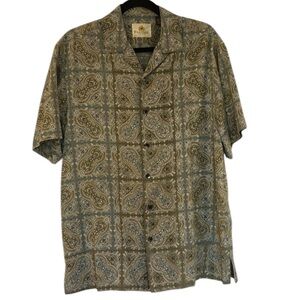 Vintage Paradise by Axis Blue & Green Abstract Print Silk Shirt Size Small